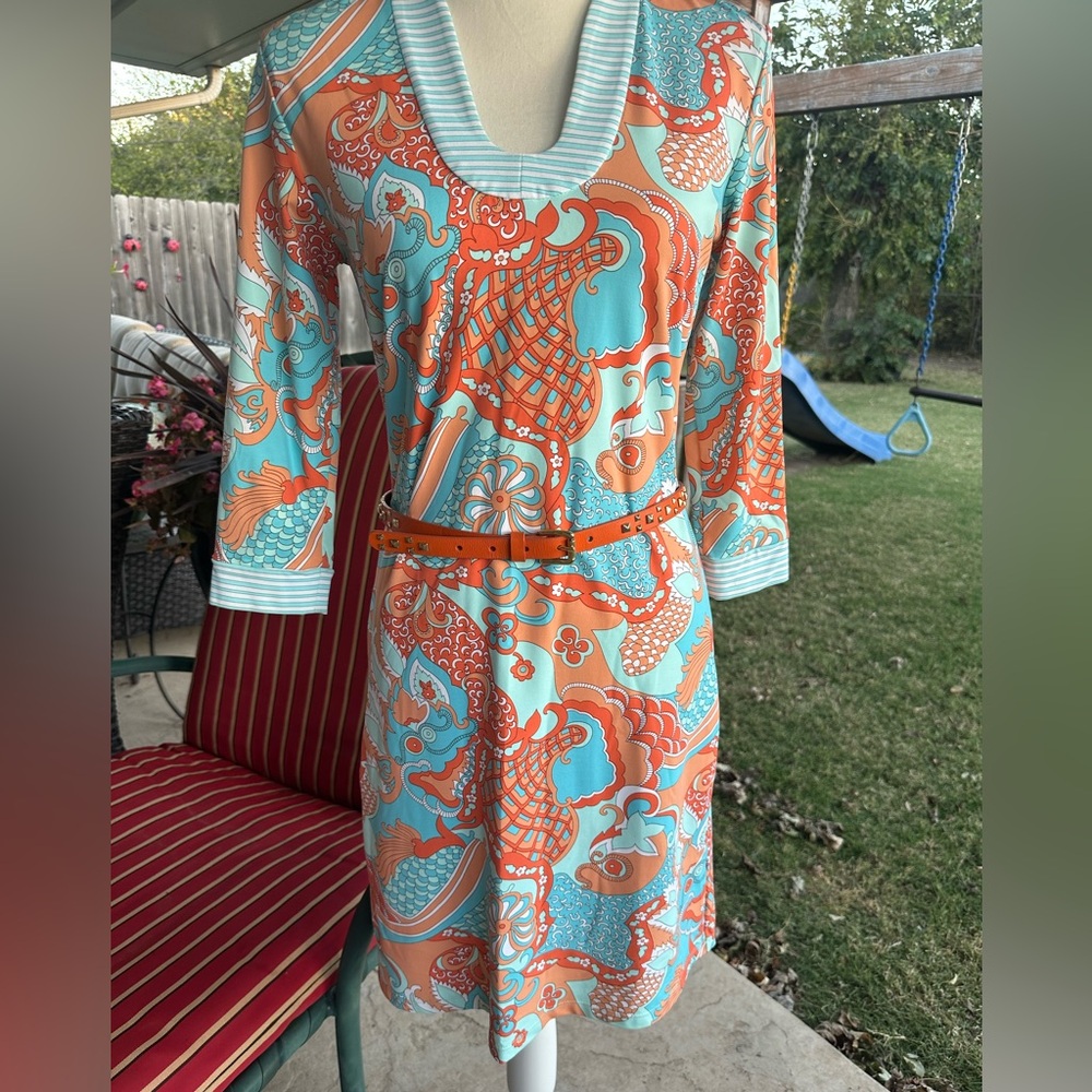 J Mclaughlin Colorful Orange and Blue Patterned Dress